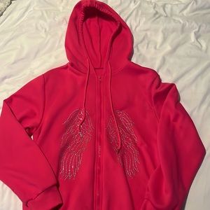 Pink bling angel wing zip hoodie